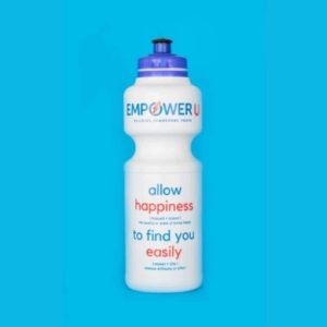 White Empower U water bottle with happiness quote